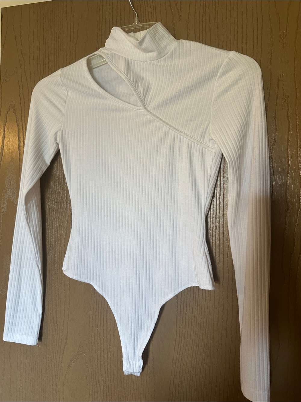 White Ribbed Asymmetric Neck Long-Sleeve Bodysuit